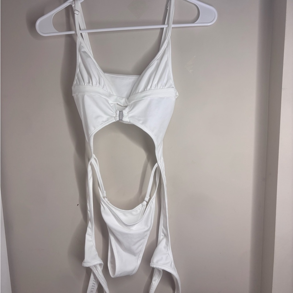Sexy White Cut-Out Bodysuit w Thigh Straps